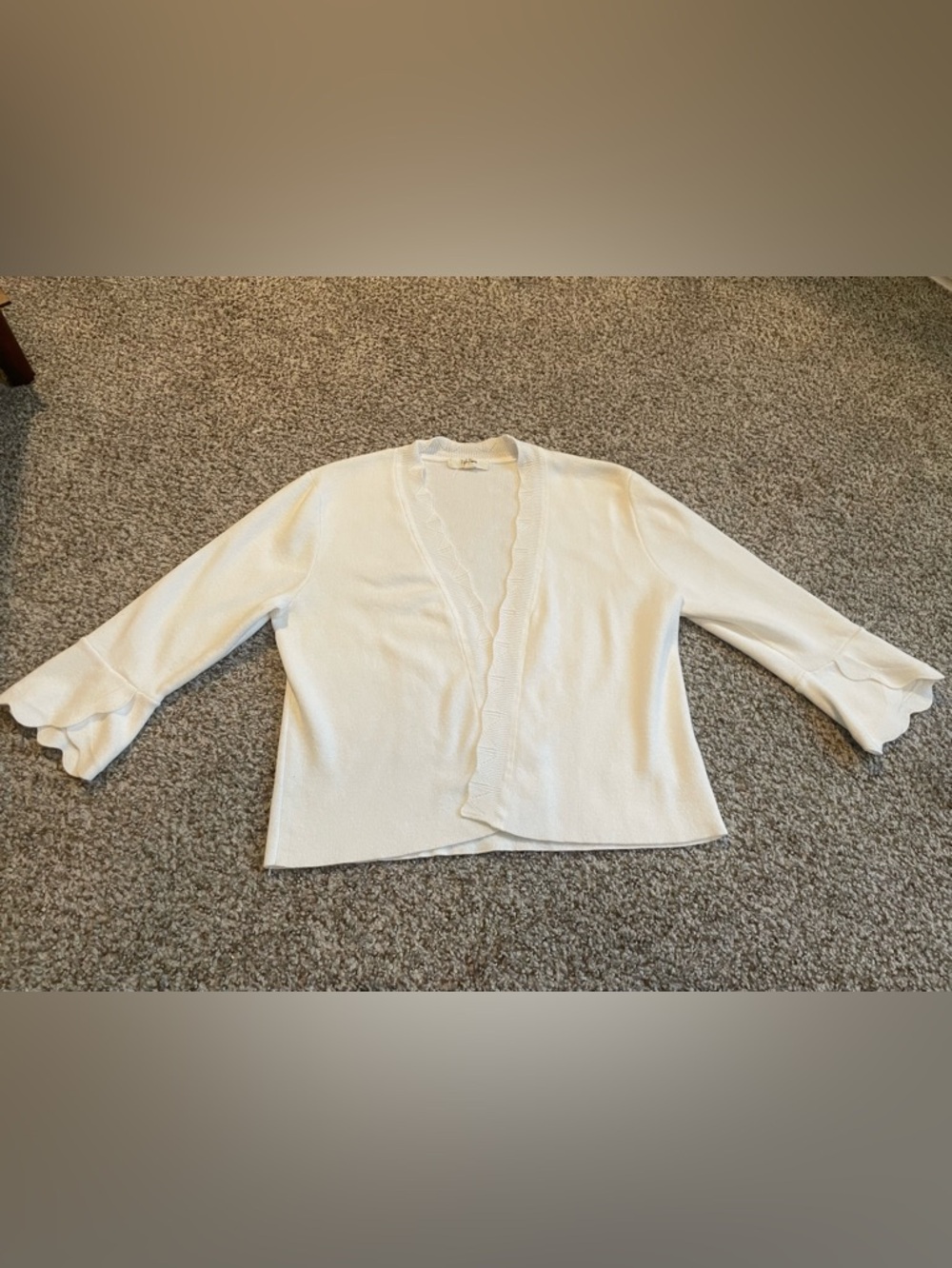 Peyton Primrose Open‎ Front Cardigan Scallop Trim 3/4 Sleeve White Small